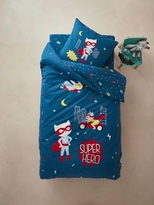 VERTBAUDET, Set aus Bettbezug und Kissenbezug für Kinder Superkatze blau bedruckt, Kinder Bettbezug und Kissenbezug Superkatze blau bedruckt