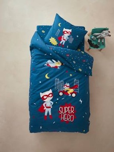 VERTBAUDET, Set aus Bettbezug und Kissenbezug für Kinder Superkatze blau bedruckt, Kinder Bettbezug und Kissenbezug Superkatze blau bedruckt
