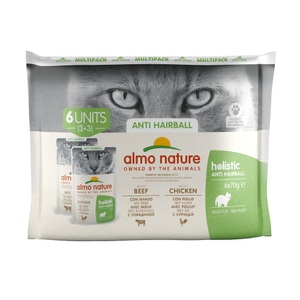 Almo Nature Functional, Almo Nature Anti Hairball Pouch Mixpack - 12 x 70 g, Almo Nature Holistic Functional Anti-Hairball Multipack mit Rind und Huhn, Nassfutter für Katzen (6x70g)