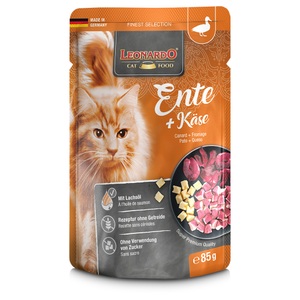 LEONARDO, Leonardo Finest Selection Pouch 16 x 85 g - Ente & Käse, Leonardo Cat Food Nassfutter Ente & Käse, 85 g