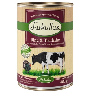 Lukullus, Sparpaket Lukullus Naturkost 24 x 400 g - Adult Rind & Truthahn (getreidefrei), Lukullus Naturkost Adult Getreidefrei 6 x 400 g - Rind & Truthahn