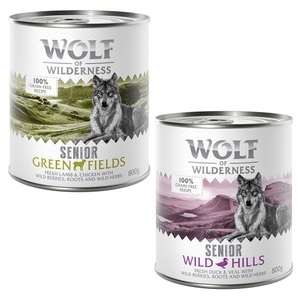 Wolf of Wilderness, Sparpaket: Wolf of Wilderness Senior 24 x 800 g - Wild Hills - Ente & Kalb, Wolf of Wilderness Senior - Duo-Protein 6 x 800 g - Wild Hills - Ente & Kalb