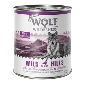 Wolf of Wilderness, Sparpaket: Wolf of Wilderness Senior 24 x 800 g - Wild Hills - Ente & Kalb, Wolf of Wilderness Senior - Duo-Protein 6 x 800 g - Wild Hills - Ente & Kalb
