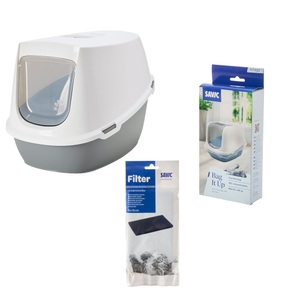 zooplus Exclusive, Transportbox Feria - Größe 4 (S): B 51 x T 67 x H 47 cm, Savic Katzentoilette Robin Jumbo - hellgrau / weiss