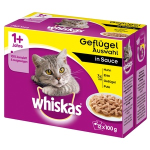 Whiskas, Sparpaket 96 x 85 / 100 g Whiskas Adult 1+ Frischebeutel - Geflügelauswahl in Sauce (96 x 100 g), Whiskas 1+ Geflügel Auswahl in Sauce, Huhn/Truthahn/Ente/Geflügel 12x100g