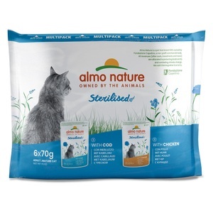 Almo Nature Functional, Almo Nature Sterilised Pouch - 12 x 70 g Mix: Huhn & Kabeljau, Almo Nature Sterilised Multipack, Nassfutter für Katzen (6x70g)