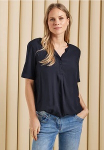 CECIL, Cecil Shirtbluse, mit Serafinoausschnitt, Cecil Damen Unifarbene Basic Bluse in Blau, Gr: XS
