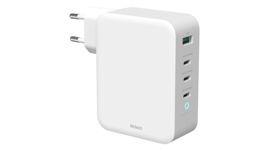 Deltaco, Deltaco 4-fach USB-C/A-Schnell-Ladegerät USBC-GAN04, mit bis zu 130 W mit Power Delivery, Deltaco 4-fach USB-C/A-Schnell-Ladegerät USBC-GAN04, mit bis zu 130 W mit Power Delivery