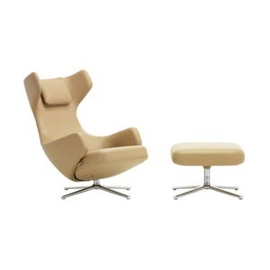 Vitra, Grand Repos Set Sessel & Fußstütze / dreh- & & lehnbar - Leder - Vitra grau/beige en leder, Set Sessel & Fußstütze Grand Repos leder grau beige / dreh- & & lehnbar - Leder - Vitra beige en leder