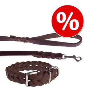Heim, Heim Set braun: Lederleine mit Karabiner + Lederhalsband - Halsband Größe 40 + Leine mit Handschlaufe 200 cm, Heim Lederhalsband geflochten, braun - 28 - 35 cm Halsumfang, 25 mm breit
