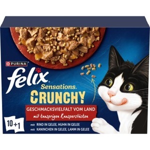 Felix, Felix Katzenfutter Sensations Crunchy Geschmacksvielfat vom Land in Gelee 10x85g+40g, Felix Sensations Crunchy 10x85g + 40g Knusperstückchen Geschmacksvielfalt vom Land