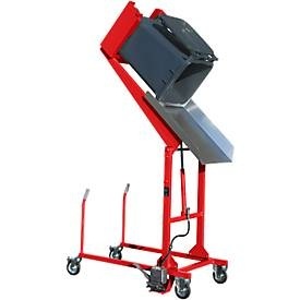 undefined, Mülltonnen-Kippstation MKS, für 120 & 240 l Tonnen, Ausschütthöhe 1480 mm, Kippw. 135°, bis 110 kg, Rollen, Fußpumpe, RAL 3000, Mülltonnen-Kippstation MKS, für 120 & 240 l Tonnen, Ausschütthöhe 1480 mm, Kippw. 135°, bis 110 kg, Rollen, Fußpumpe, RAL 3000