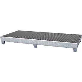 asecos, Auffangwanne ASECOS, Stahl, mit Gitterrost u. Staplerschuhen, 340 l Auffangvolumen, B 1210 x T 2455 x H 250 mm, verzinkt, Auffangwanne WG 28, für 8 x 200 l Fässer, verzinkt
