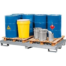asecos, Auffangwanne ASECOS, Stahl, mit Gitterrost u. Staplerschuhen, 340 l Auffangvolumen, B 1210 x T 2455 x H 250 mm, verzinkt, Auffangwanne WG 28, für 8 x 200 l Fässer, verzinkt