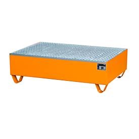 bauer, Auffangwanne, für 2 Fässer à 200 l, mit verzinktem Gitterrost, L 1200 x B 800 x H 360 mm, unterfahrbar, Stahl, gelborange RAL 2000, Auffangwanne, für 2 Fässer à 200 l, mit verzinktem Gitterrost, L 1200 x B 800 x H 360 mm, unterfahrbar, Stahl, gelborange RAL 2000