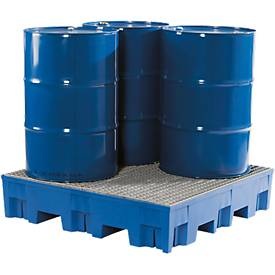 undefined, PE-Auffangwanne für 200-l-Fässer, Tragfähigkeit 950 kg/m² LxBxH 1220 x 1230 x 220 mm Auffangvolumen 285 l, ohne Gitterrost, asecos® Auffangwanne aus PE, 4x 200 l, HxBxT 275 x 1.235 x 1.235 mm, verzinkter Gitterrost