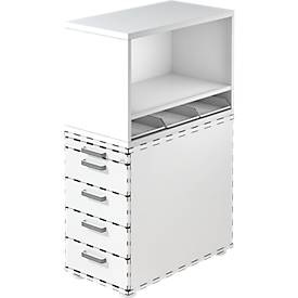 undefined, RENATUS - Containeraufsatz HxBxT 530 x 428 x 800 mm weiß, Aufsatzregal Breno, für Standcontainer Breno, inkl. 3 Kunststoffeinsätze, B 428 x T 800 x H 530 mm, Spanplatte, Weiss