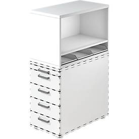 undefined, RENATUS - Containeraufsatz HxBxT 530 x 428 x 800 mm weiß, Aufsatzregal Breno, für Standcontainer Breno, inkl. 3 Kunststoffeinsätze, B 428 x T 800 x H 530 mm, Spanplatte, Weiss