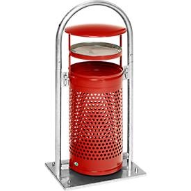 undefined, Außen-Abfallsammler Volumen 65 l, BxHxT 580 x 1145 x 380 mm, mit Rohrbogen, Dach und Ascher purpurrot, Abfallsammler, m. Aschereinsatz, rot