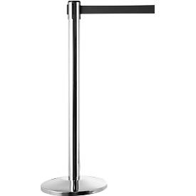undefined, Absperrpfosten mit Standfuß, verchromt, Gurt schwarz, Absperrpfosten, chromsilber, Gurtband schwarz, ausziehbar bis 2 m, selbstaufrollend, mit Bremse, Ø 360 x H 1040 mm, Metall verchromt