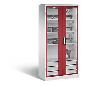 undefined, C+P Akkuladeschrank Comfort mit Sichtfenster aus Acrylglas, H 1950 x B 930 x T 500 mm, Lichtgrau/Rubinrot, C+P Akkuladeschrank Comfort mit Sichtfenster aus Acrylglas, H 1950 x B 930 x T 500 mm, Lichtgrau/Rubinrot