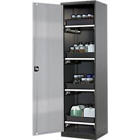 Chemikalienschrank, Flügeltür, 4 Auszugswannen, 545x520x1950 mm, silber