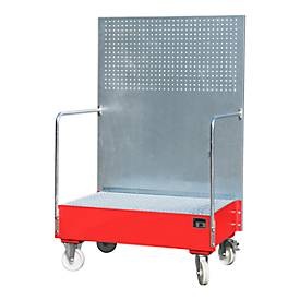 undefined, Fahrbare Auffangwanne mit Lochplattenwand 2 x 200-l-Fass stehend nebeneinander, LxBxH 870 x 1290 x 2015 mm feuerrot, Fahrbare Auffangwanne, aus Stahl, 215 l Auffangvolumen für 2 x 200-Liter Fässer, rot lackiert