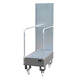 undefined, Fahrbare Auffangwanne mit Lochplattenwand 2 x 60-l-Fass stehend hintereinander, LxBxH 875 x 500 x 1685 mm mausgrau, Auffangwanne mit Lochplatte, 2x 60 l, HxBxT 1.685 x 500 x 875 mm, mausgrau