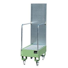 undefined, Fahrbare Auffangwanne mit Lochplattenwand 2 x 60-l-Fass stehend hintereinander, LxBxH 875 x 500 x 1685 mm resedagrün, Fahrbare Auffangwanne LPW 60-3, mit Lochplattenwand, aus Stahl, Kapazität 2 x 60-Liter Fass, grün