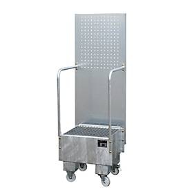 undefined, Fahrbare Auffangwanne mit Lochplattenwand 1 x 60-l-Fass stehend, LxBxH 570 x 590 x 1775 mm feuerverzinkt, Auffangwanne mit Lochplatte, 1x 60 l, HxBxT 1.775 x 590 x 1.775 mm, feuerverzinkt