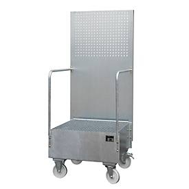 undefined, Fahrbare Auffangwanne mit Lochplattenwand 1 x 200-l-Fass stehend, LxBxH 870 x 890 x 2110 mm feuerverzinkt, Auffangwanne mit Lochplatte, 1x 200 l, HxBxT 2.110 x 890 x 870 mm, feuerverzinkt