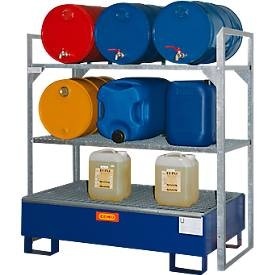 CEMO, Fassregal Typ 360 CEMO, mit 150 I GFK-Auffangwanne und Fassauflage, für 6 x 60 I oder Kleingebinde, L 1320 x B 800 x H 1300 mm, Fassregal Typ 360 CEMO, mit 150 I Stahl-Auffangwanne und Fassauflage, für 6 x 60 I oder Kleingebinde, L 1320 x B 800 x H 1300 mm