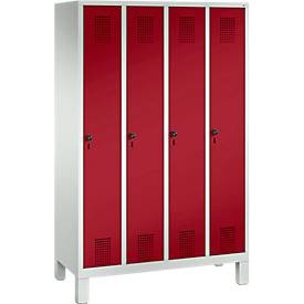 C und P, Garderobenspind Evolo S 3000, Stahl, mit Füssen, 4 Abteile mit jeweils B 300 mm, Drehriegel, lichtgrau RAL 7035/rubinrot RAL 3003
