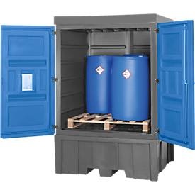 asecos, Gefahrstoffdepot asecos, Polyethylen, unterfahrbar, B 1560 x T 1550 x H 2330, für 4 Fässer à 200 l, Gefahrstoffdepot asecos, Polyethylen, unterfahrbar, B 1560 x T 1550 x H 2330, für 4 Fässer à 200 l