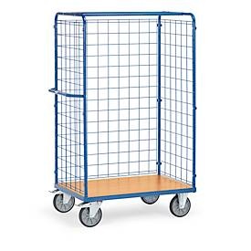 Fetra, fetra® Paketwagen, 3-seitig mit Gitterwand, Ladefläche 1.000 x 600 mm, Gitterwagen fetra®, Lenk- & Bockrollen, bis 600 kg, L 1169 x B 609 x H 1800 mm, Stahl & Holz, brillantblau RAL 5007 & Buche-Dekor