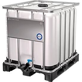 Jungheinrich PROFISHOP, IBC-Container Gefahrgut-Ausführung, auf Kunststoff-Palette, 1.000 Liter, IBC Container, 1000 Liter, UN-Zulassung, Kunststoffdeckel, Stahl-Kreuzverband, Stahltraverse, auf Kunststoffpalette, B 1200 x T 1000 x H 1163 mm