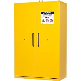 Justrite Sicherheitsschrank EN 90, Auffangwanne, 3 Fachböden, 2-Türen, H 2070 x B 1200 x T 600 mm, gelb