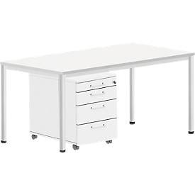 undefined, Komplettset BEXXSTAR, Schreibtisch 1600 mm breit Rollcontainer, Rundrohrfuß, weiß, Komplettset BEXXSTAR, Schreibtisch 1600 mm breit Rollcontainer, Rundrohrfuß, weiß