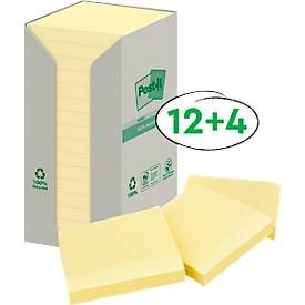 POST-IT, POST-IT Haftnotizen Recycling 76x76mm 654-1T gelb, 16x100 Blatt, 3M Post-it Haftnotizen Recycling, 76mm x 76mm, gelb, 654-1T, (16 x 100 Blatt)