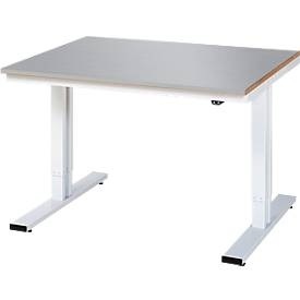RAU, Arbeitstisch, elektrisch höhenverstellbar, Rau Werktisch Adlatus, elektrisch höhenverstellbar, 25 mm MDF-Platte mit Edelstahlbelag, bis 300 kg, B 1250 x T 1000 x H 720-1120 mm, silber/lichtgrau