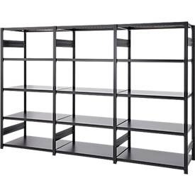 ORDO, Regalkombination ORDO Business, 1 Grundregal und 2 Anbauregale, 15 Fachböden, erweiterbar, beidseitig nutzbar, Feldlast 1200 kg, B 3080 x T 535 x H 2000 mm, pulverbeschichtet, tiefschwarz RAL 9005, Regalkombination ORDO Business, 1 Grundregal + 2 Anbauregale, 15 Böden, modular, Fachlast 140 kg, Feldlast 1200 kg, B 3080 x T 535 x H 2000 mm, tiefschwarz