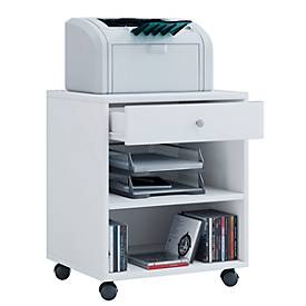 undefined, Rollcontainer, 1 Schubfach mit Griffknopf & 2 Regalfächer, B 450 x T 380 x H 540 mm, Spanplatte, weiß
