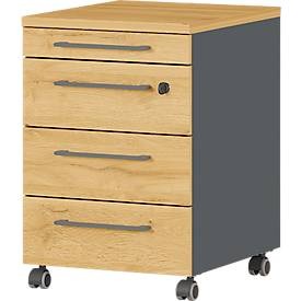 undefined, Rollcontainer Agenda, 4 Schubladen, B 420 x H 610 x T 490 mm, abschließbar, lichtgrau, Rollcontainer Agenda Home, 4 Schubladen, B 420 x T 490 x H 610 mm, Graphit/Eiche