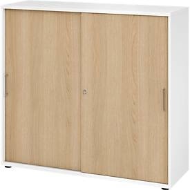 undefined, Schiebetürschrank Breno, abschliessbar, Spanplatte, melaminharzbeschichtet, B 1200 x T 400 x H 1100 mm, 3 Ordnerhöhen, weiss/Eiche, Schiebetürschrank Breno, abschliessbar, Spanplatte, melaminharzbeschichtet, B 1200 x T 400 x H 1100 mm, 3 Ordnerhöhen, weiss/Eiche