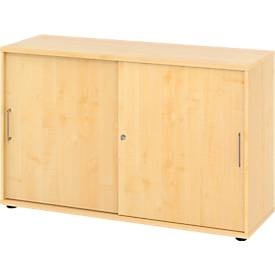 Hammerbacher, Hammerbacher Schrank V1752S/3/3/BS Ahorn 120 x 40 x 74,8 cm, Schiebetürschrank Breno, abschliessbar, Spanplatte, melaminharzbeschichtet, B 1200 x T 400 x H 748 mm, 2 Ordnerhöhen, Ahorn/Ahorn