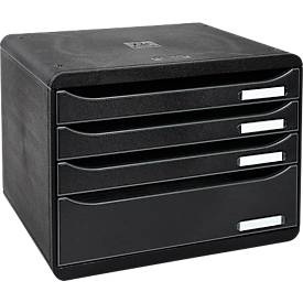 Exacompta, Schubladenbox BIG-BOX PLUS HORIZON QUER, A4+, 4 halboffene Schübe mit Auszugsstopp, Griffmulde & Etikettenhalter, Etiketten, Blauer Engel, schwarz, Schubladenbox BIG-BOX PLUS HORIZON QUER, A4+, 4 halboffene Schübe mit Auszugsstopp, Griffmulde & Etikettenhalter, Etiketten, Blauer Engel, schwarz