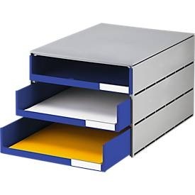 styro, Schubladenbox Styro Styroval, für Formate bis C4, 3 offene Schübe, Recyclingmaterial, blau/grau, Schubladenbox Styro Styroval, für Formate bis C4, 3 offene Schübe, Recyclingmaterial, blau/grau