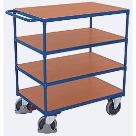 VARIOfit, VARIOfit SW-800.700 Tischwagen Stahl pulverbeschichtet Traglast (max.): 500 kg Enzianblau (RAL 5010), Schwerer Tischwagen, Stahl/MDF-Platte, Enzianblau/Buche-Dekor, 4 Etagen, L 1200 x B 800 mm, TPE-Rollen mit EasySTOP, bis 500 kg