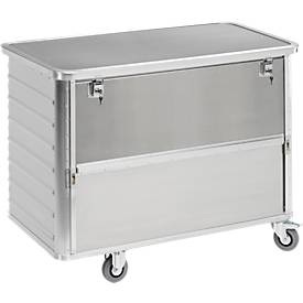 undefined, Alu-Kastenwagen, absenkbare Seitenwand mit Deckel, abschließbar Volumen 650 l, Alu-Kastenwagen mit halb absenkbarer Wand, 650 Liter, mit Deckel + Schloss