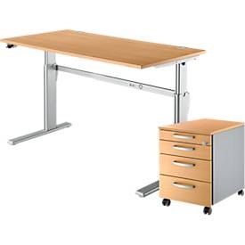 undefined, 2-tlg. Büromöbel-Set, Schreibtisch STANDARD, elektrisch höhenverstellbar, Buche/weissaluminium RAL 9006